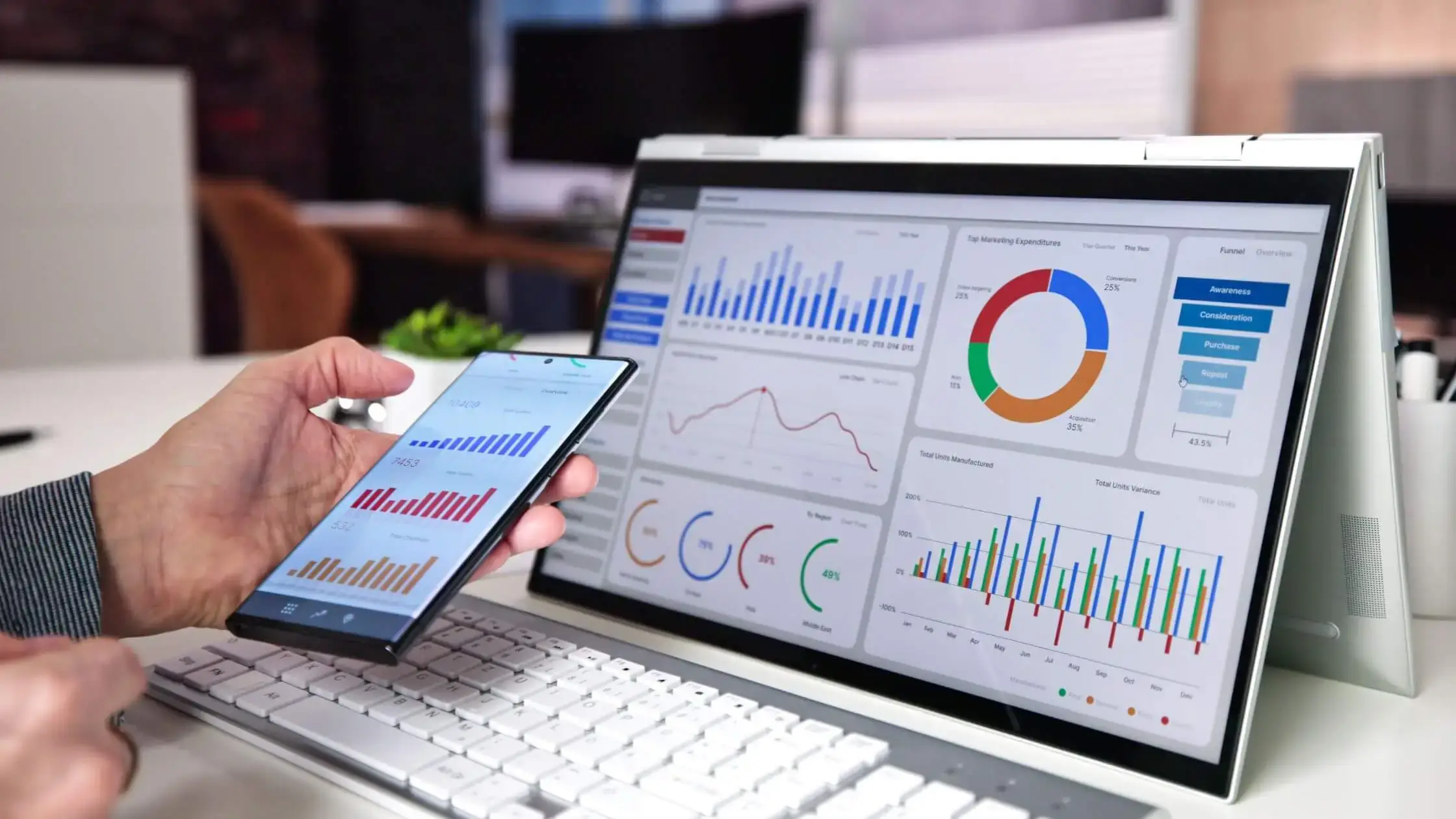 a screen and mobile phone showing analytic data
